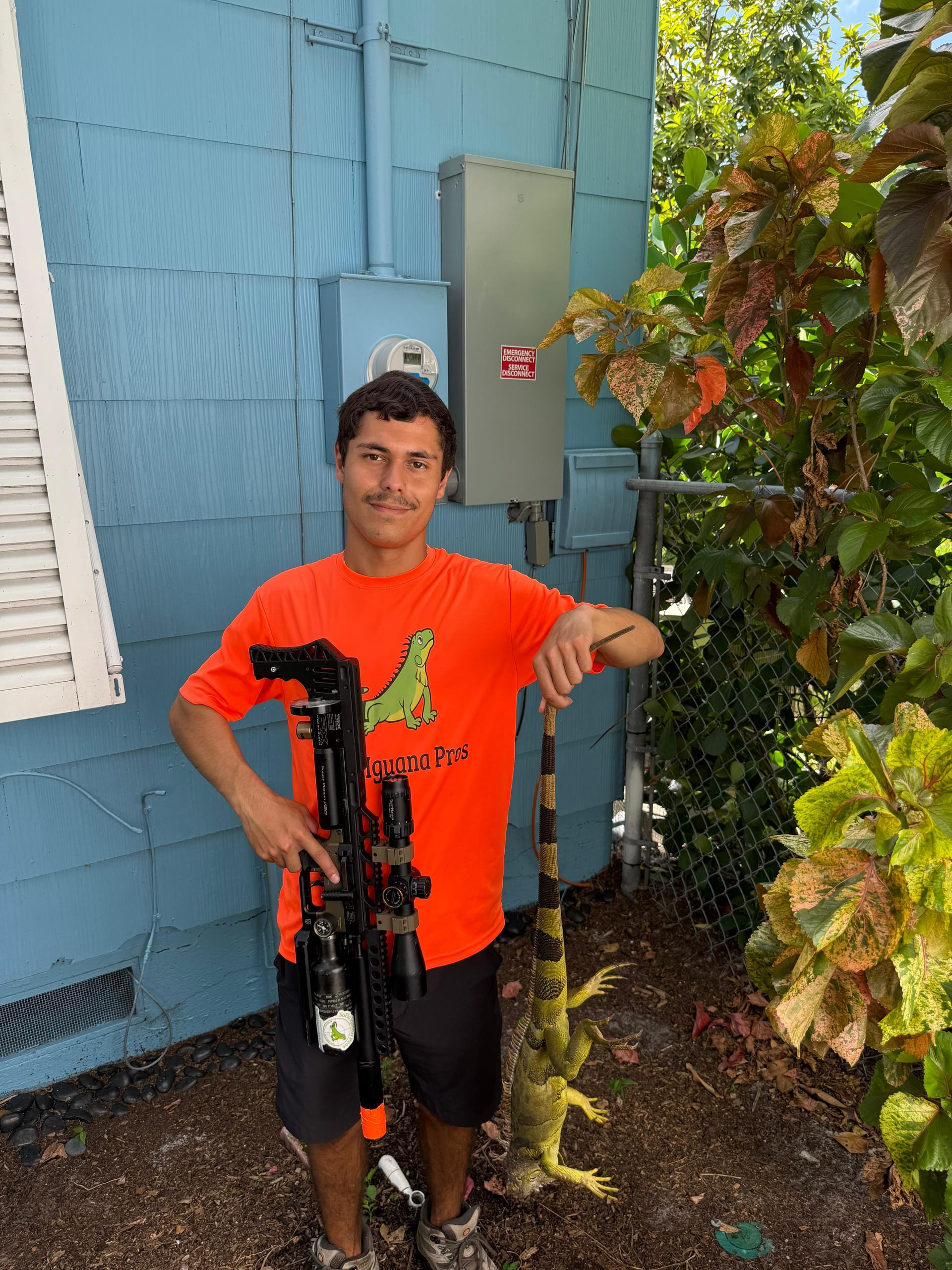 Iguana control technician with air rifle